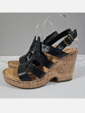 Born Bernese Cage Cork Wedge Sandal Womens 10 Black Leather Summer Platform